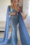 Beaded Dusty Blue Feather Evening Dress Removable CapeFD1425