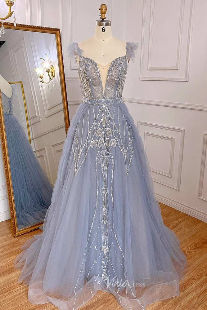 Beaded Dusty Blue Tulle Prom Dresses Plunging V-neck Formal Dress 20041-prom dresses-Viniodress-Dusty Blue-US 2-Viniodress