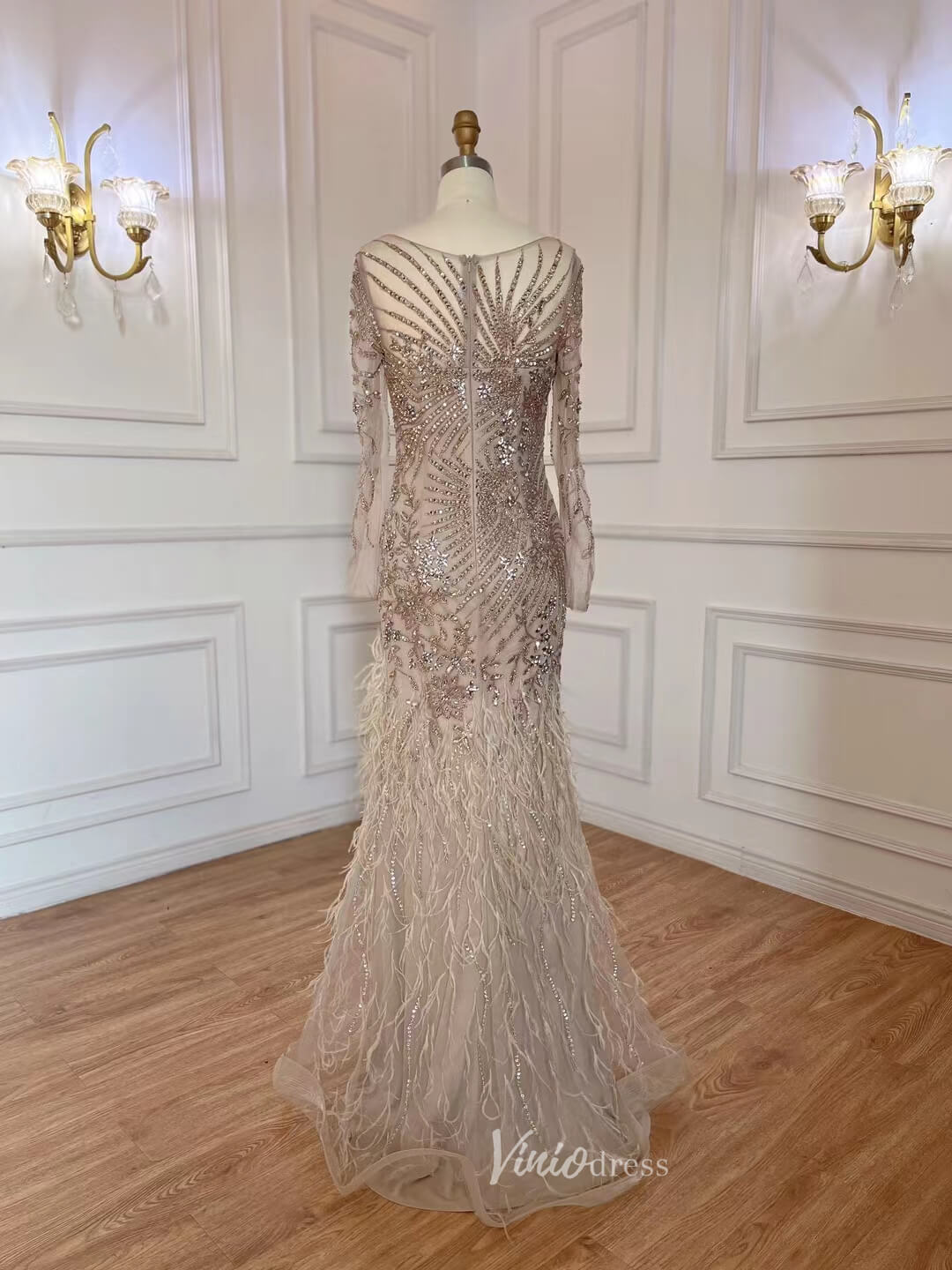 Beaded Feather 1920s Evening Dress Long Sleeve Prom Dresses 20061-prom dresses-Viniodress-Viniodress