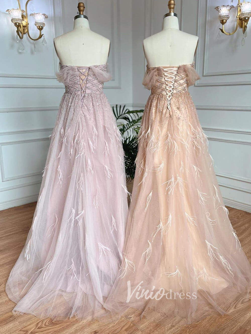Beaded Feather Prom Dresses A-line Tulle Evening Gowns 20036-prom dresses-Viniodress-Viniodress