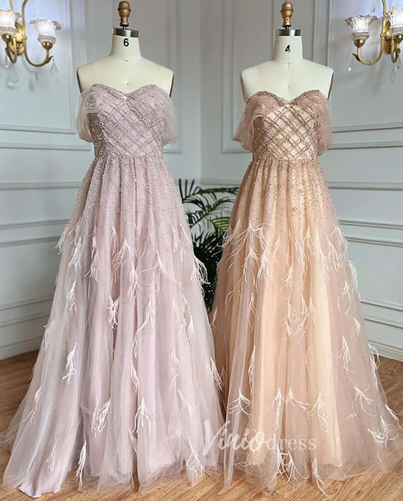 Beaded Feather Prom Dresses A-line Tulle Evening Gowns 20036-prom dresses-Viniodress-As Picture-US 2-Viniodress