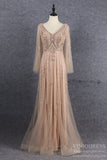 Beaded Formal Evening Dresses V-neck Long Sleeve Prom Dress FD2606