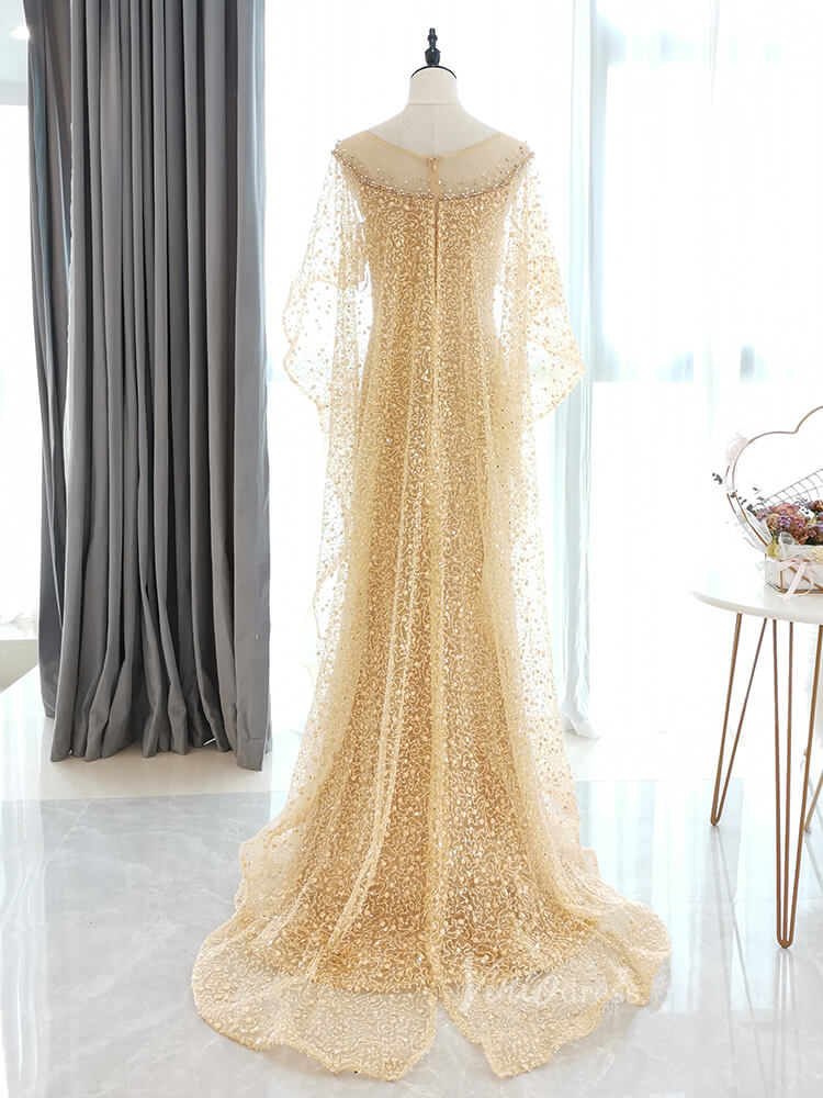 Beaded Gold Cape Prom Dresses Sparkly Lace Formal Dress FD2826-prom dresses-Viniodress-Viniodress
