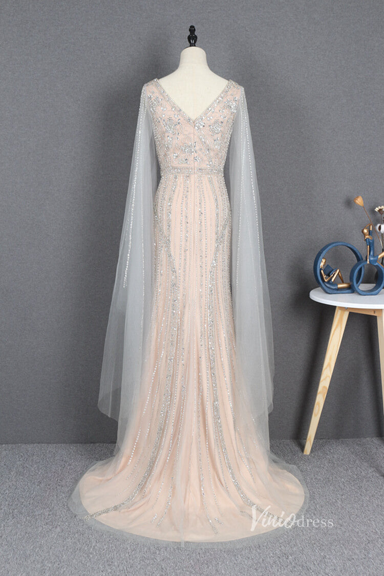 Beaded Gold Cape Sleeve Prom Dresses with Slit Sheath Evening Dress FD2780-prom dresses-Viniodress-Viniodress