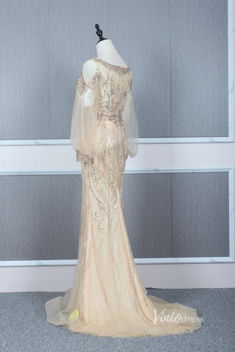 Beaded Gold Prom Dresses Cold Shoulder Puff Sleeve Evening Dress FD2773-prom dresses-Viniodress-Viniodress