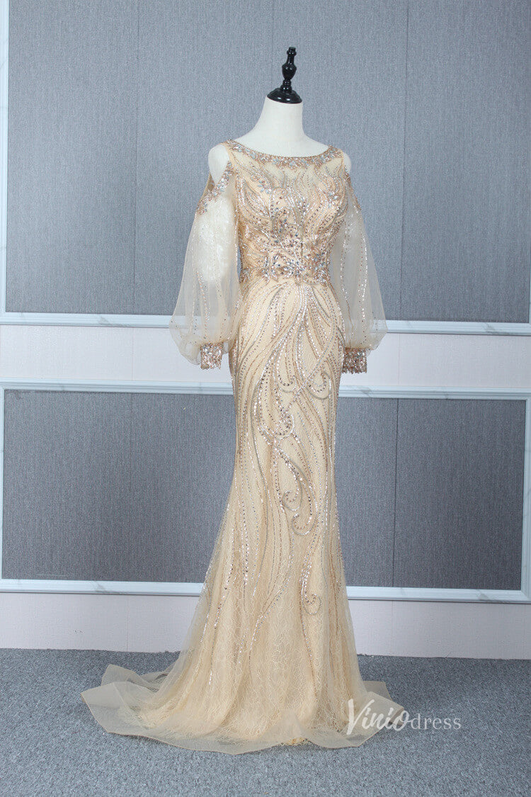 Beaded Gold Prom Dresses Cold Shoulder Puff Sleeve Evening Dress FD2773-prom dresses-Viniodress-Viniodress