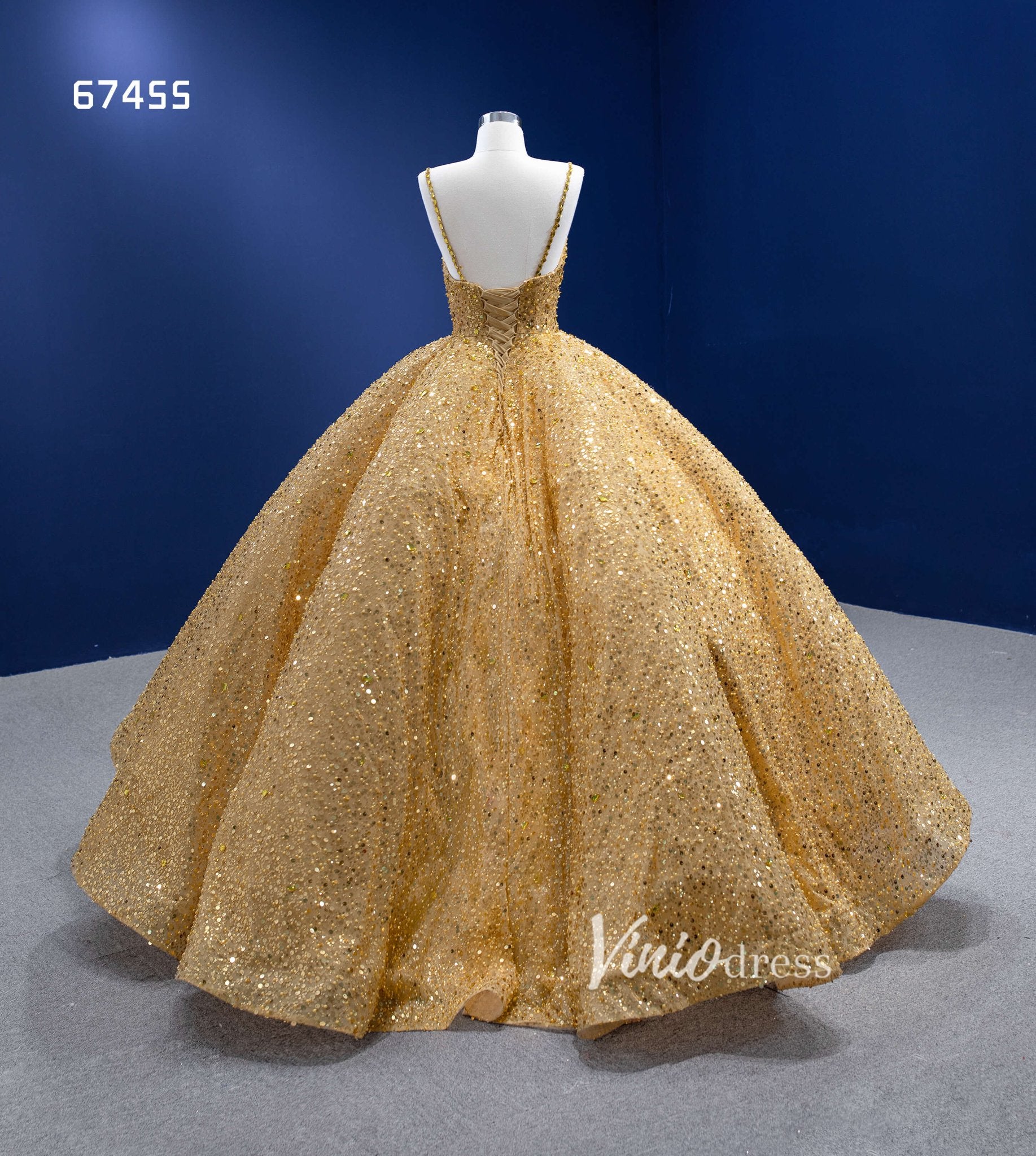 Beaded Gold Wedding Dresses Spaghetti Strap Ball Gown 67455-Quinceanera Dresses 2025 -Viniodress-Gold-Custom Size-