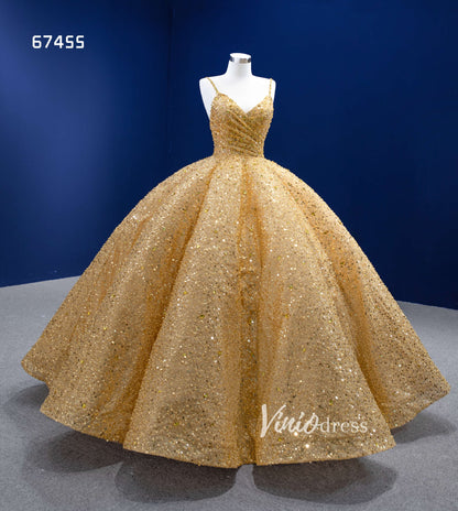 Beaded Gold Wedding Dresses Spaghetti Strap Ball Gown 67455-Quinceanera Dresses 2025 -Viniodress-Gold-Custom Size-
