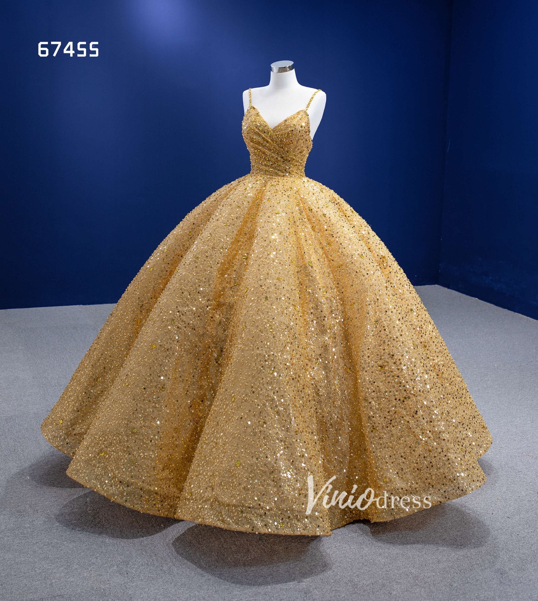 Beaded Gold Wedding Dresses Spaghetti Strap Ball Gown 67455-Quinceanera Dresses 2025 -Viniodress-Gold-Custom Size-