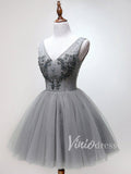 Beaded Gray Tulle Homecoming Dresses V Neck SD1172-homecoming dresses-Viniodress-Viniodress