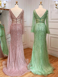 Beaded Green 1920s Evening Dresses Long Sleeve Pink Prom Dress 20046-prom dresses-Viniodress-Viniodress