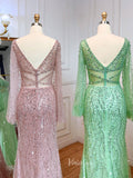 Beaded Green 1920s Evening Dresses Long Sleeve Pink Prom Dress 20046-prom dresses-Viniodress-Viniodress