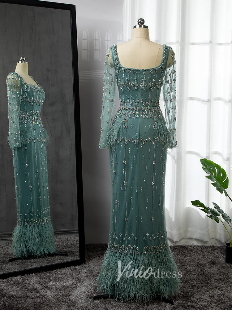 Beaded Green Evening Gown Long Sleeve Sheath Formal Dress Square Neck 20021-prom dresses-Viniodress-Viniodress