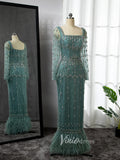 Beaded Green Evening Gown Long Sleeve Sheath Formal Dress Square Neck 20021-prom dresses-Viniodress-Viniodress