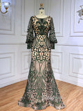 Beaded Green Mother of Bride Dress Vintage Long Sleeve Evening Dresses 20032