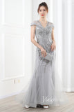 Beaded Grey Sheath Prom Dresses V-neck Mother of the Bride Dress FD2784-prom dresses-Viniodress-Viniodress