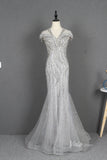Robes de bal fourreau grises perlées, col en v, robe mère de la mariée FD2784