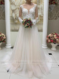 Beaded Lace Champagne Wedding Dresses with Long Sleeves VW1357