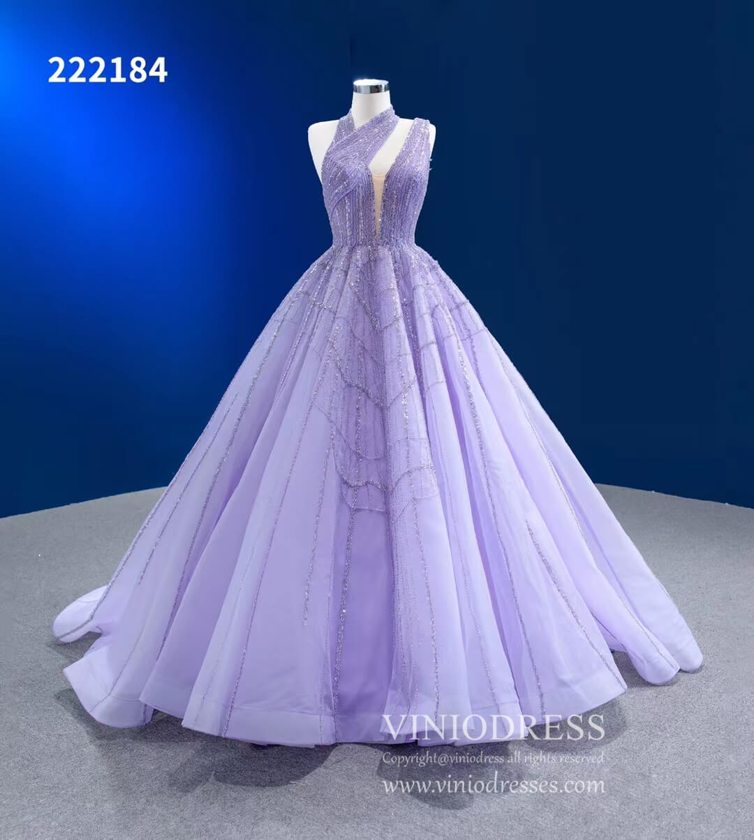 Beaded Lavender Ball Gowns Halter Tulle Wedding Dresses 222184 – Viniodress