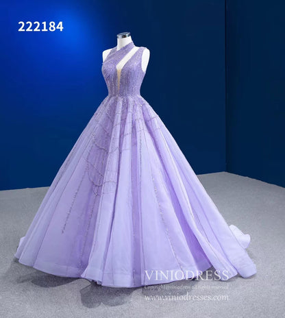 Beaded Lavender Ball Gowns Halter Tulle Wedding Dresses 222184-Quinceanera Dresses 2025 -Viniodress-Lavender-Custom Size-