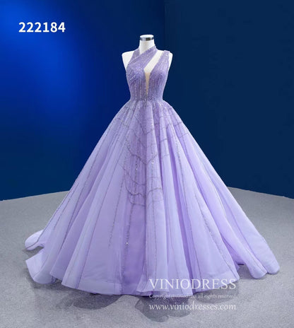 Beaded Lavender Ball Gowns Halter Tulle Wedding Dresses 222184-Quinceanera Dresses 2025 -Viniodress-Lavender-Custom Size-