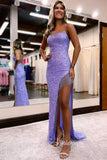 Beaded Lavender Sheath Prom Dresses Spaghetti Strap Lace-up Back Evening Dress FD3522
