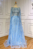 Beaded Light Blue Lace Evening Dress Long Sleeve Prom Dresses 20025-prom dresses-Viniodress-Viniodress