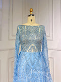 Beaded Light Blue Lace Evening Dress Long Sleeve Prom Dresses 20025-prom dresses-Viniodress-Viniodress