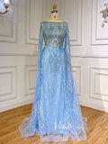 Beaded Light Blue Lace Evening Dress Long Sleeve Prom Dresses 20025