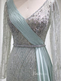 Beaded Light Green Sheath Prom Dresses Long Sleeve Overskirt Evening Dress 20086-prom dresses-Viniodress-Viniodress