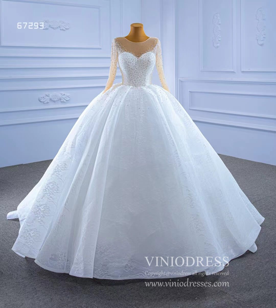 Beaded Long Sleeve Lace Wedding Gown White Princess Dress 67293-wedding dresses 2025 -Viniodress-As Picture-Custom Size-