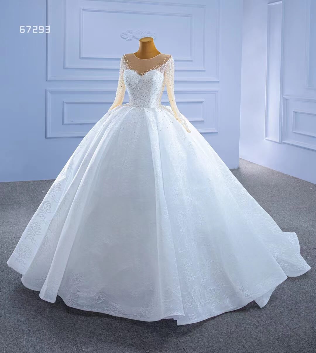 Beaded Long Sleeve Lace Wedding Gown White Princess Dress 67293-wedding dresses 2025 -Viniodress-As Picture-Custom Size-