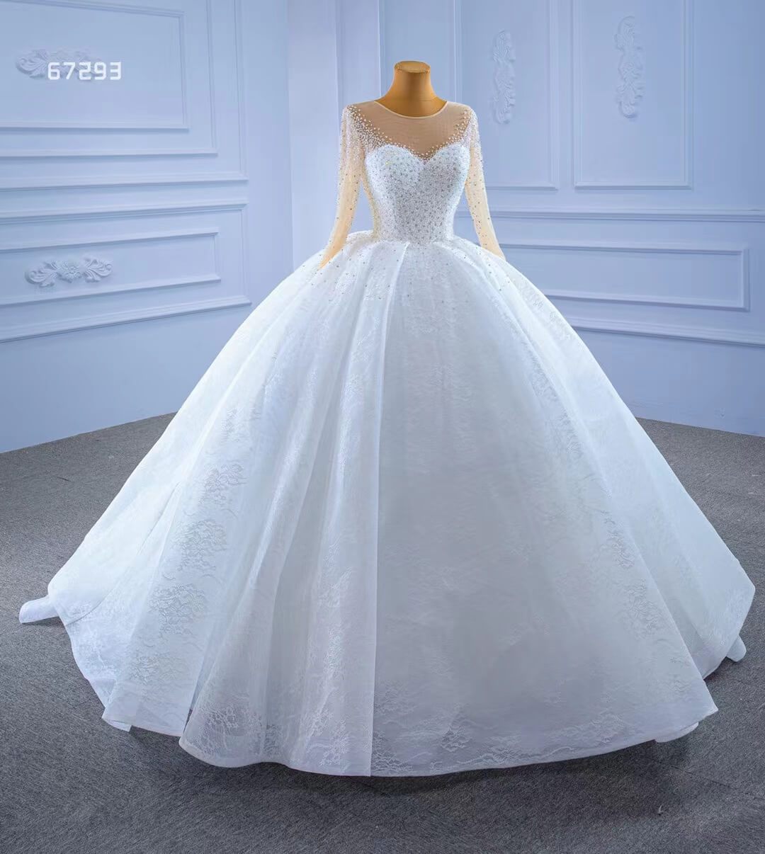 Beaded Long Sleeve Lace Wedding Gown White Princess Dress 67293-wedding dresses 2025 -Viniodress-As Picture-Custom Size-