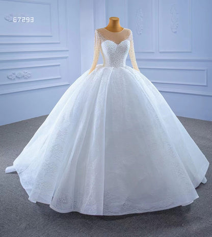 Beaded Long Sleeve Lace Wedding Gown White Princess Dress 67293-wedding dresses 2025 -Viniodress-As Picture-Custom Size-