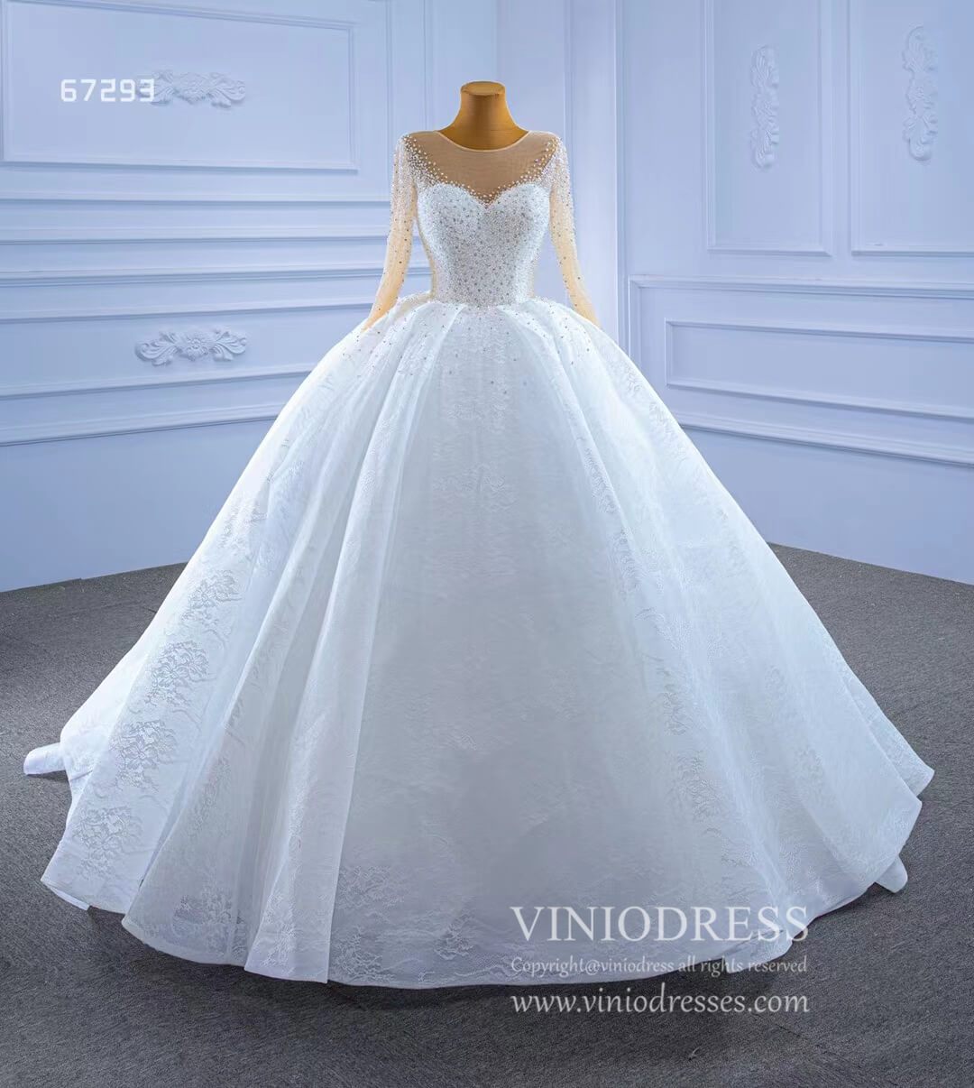 Beaded Long Sleeve Lace Wedding Gown White Princess Dress 67293-wedding dresses-Viniodress-Viniodress