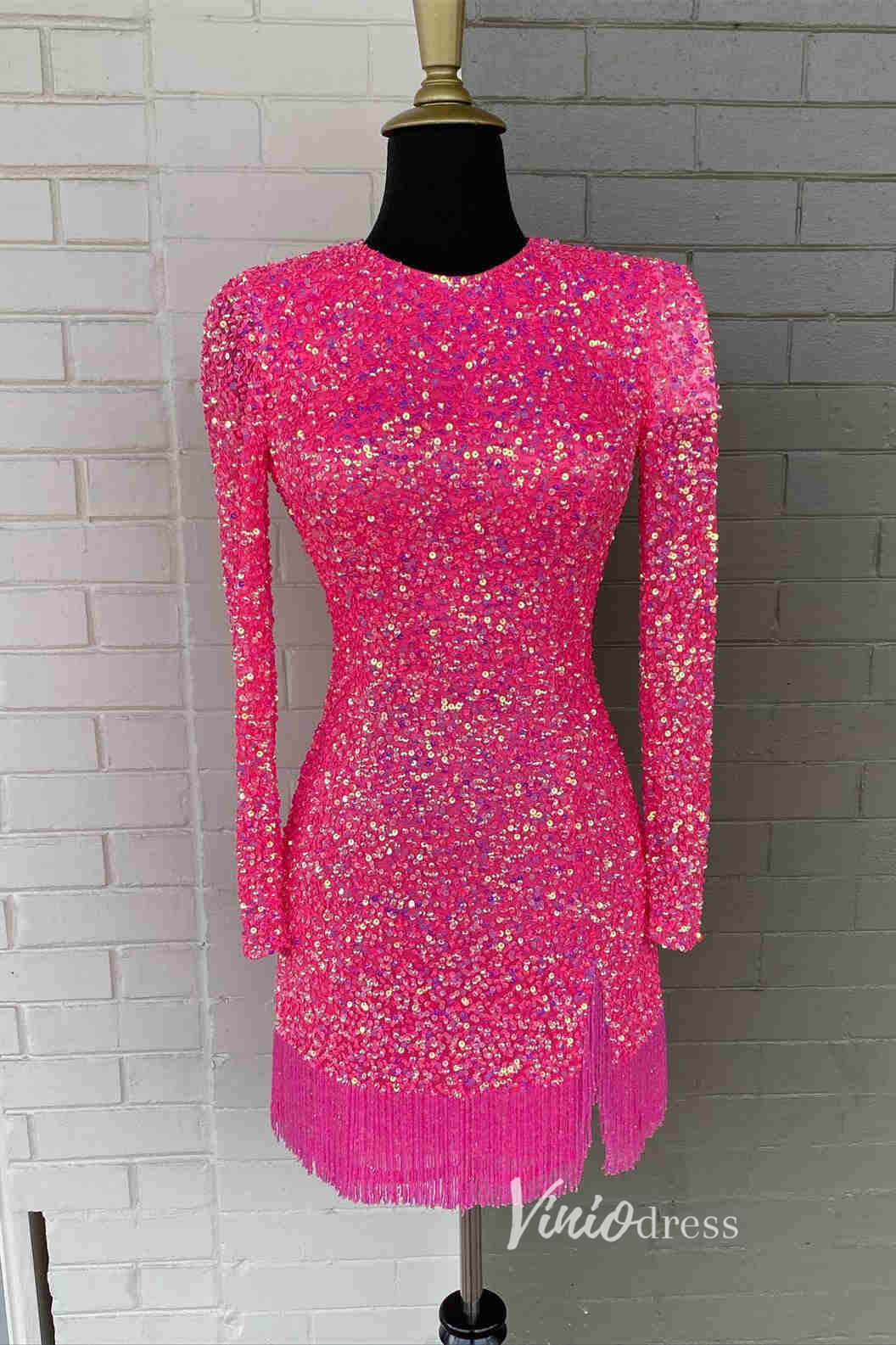 Beaded Long Sleeve Sequin Cocktail Dress Short Prom Dress SD1594-homecoming dresses-Viniodress-Hot Pink-Custom Size-Viniodress