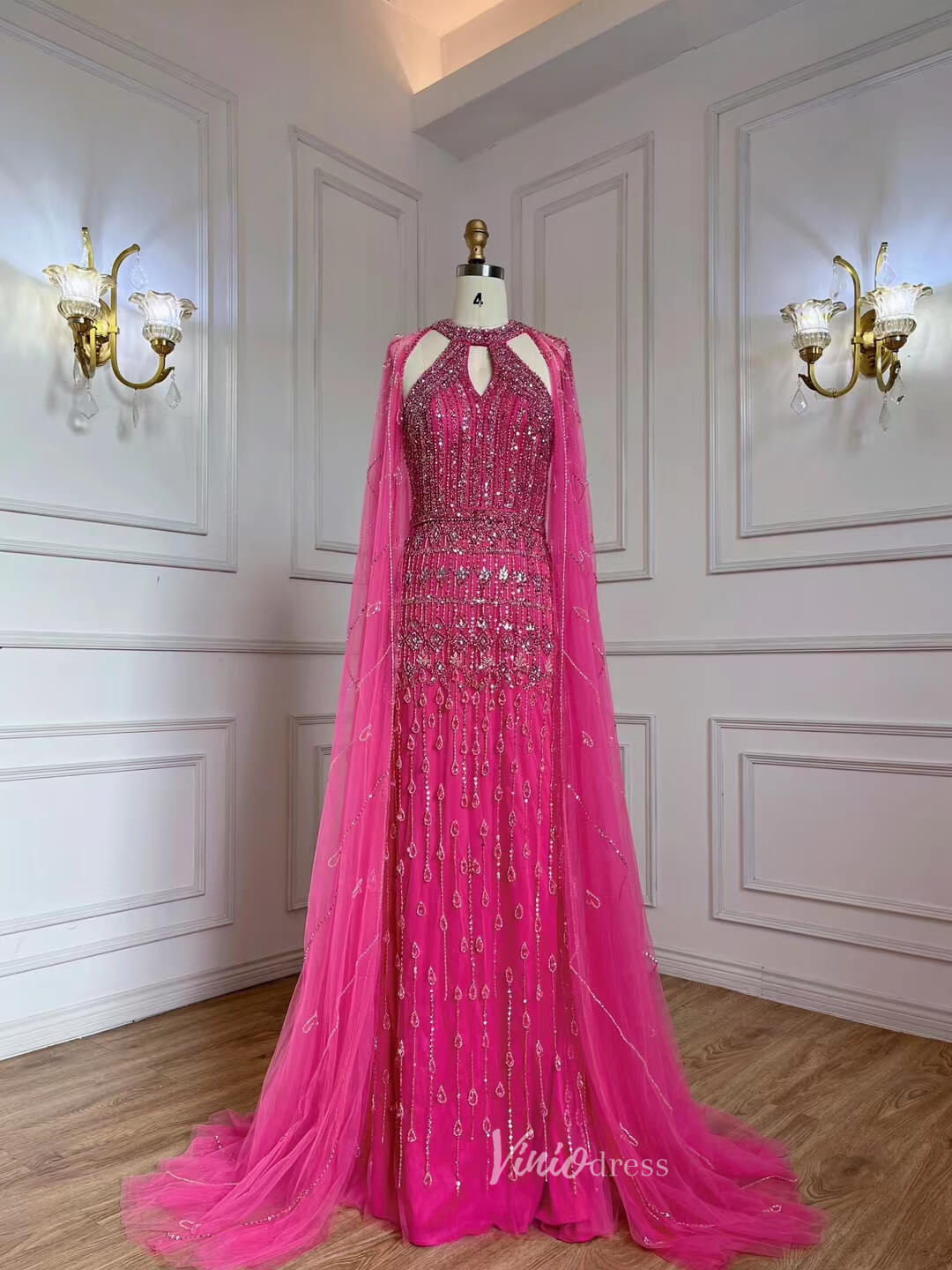 Beaded Magenta Pageant Dress with Cape 1920s Evening Dresses 20057-prom dresses-Viniodress-Magenta-US 2-Viniodress