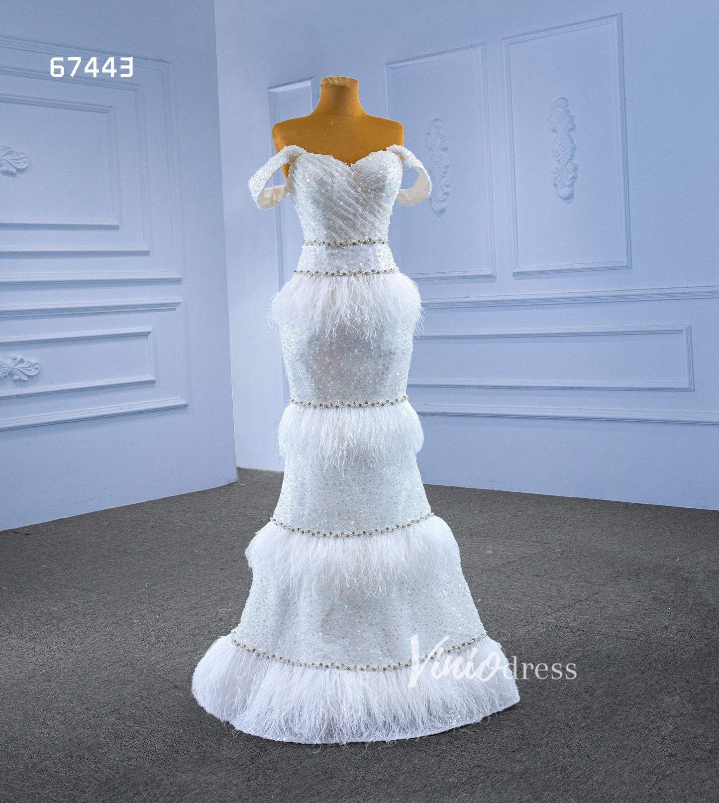 Beaded Mermaid Feather Wedding Dresses Off the Shoulder 67443-wedding dresses 2025 -Viniodress-Ivory-Custom Size-
