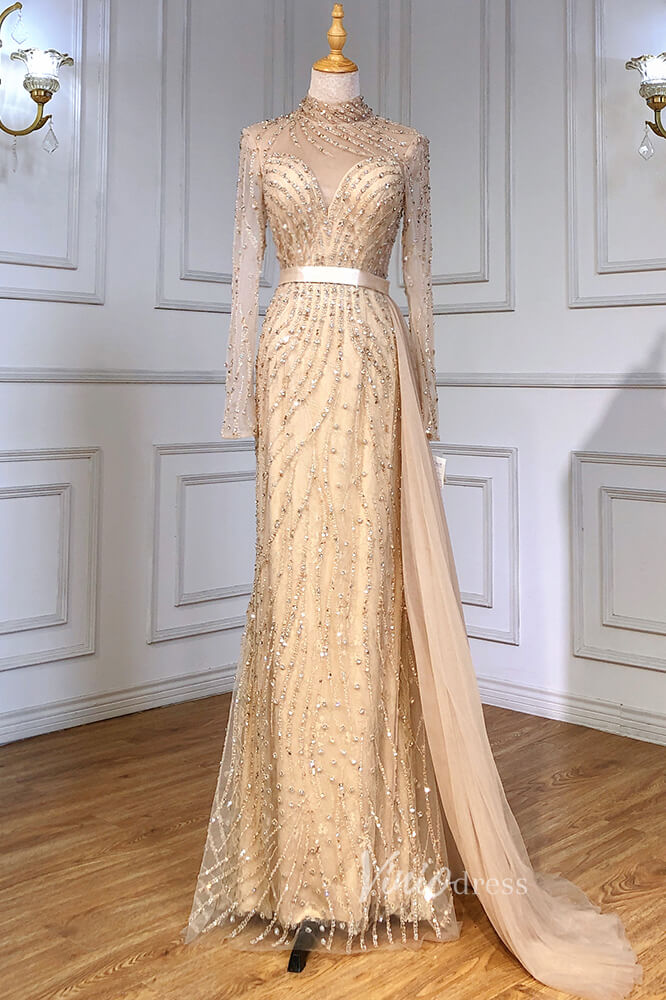 Beaded Mermaid Formal Dresses Long Sleeve High Neck Pageant Dress FD3002-prom dresses-Viniodress-Champagne-US 2-Viniodress
