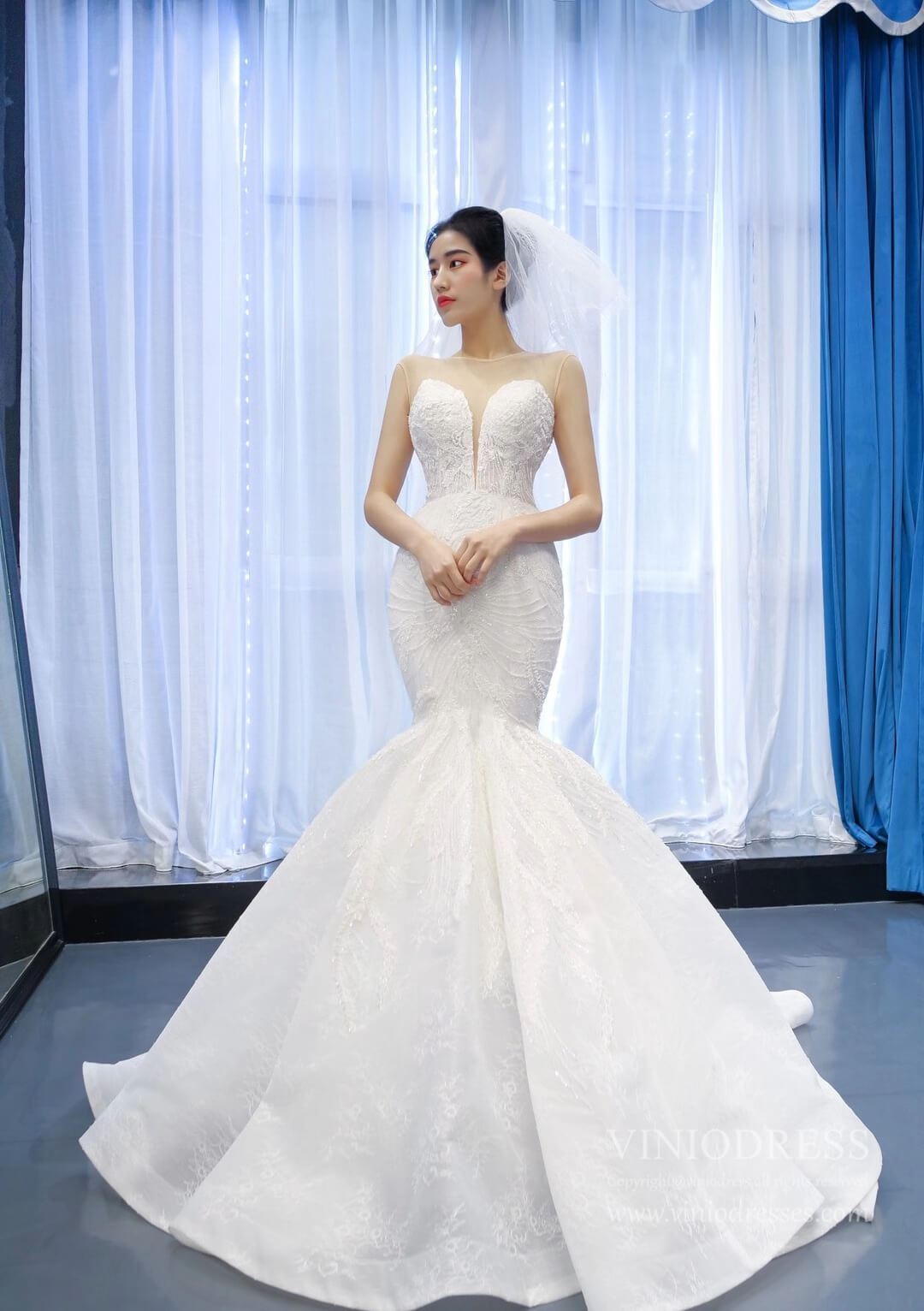 Beaded Mermaid Lace Wedding Dresses Cap Sleeve Fit and Flare Dress 67213-wedding dresses 2025 -Viniodress-Ivory-Custom Size-