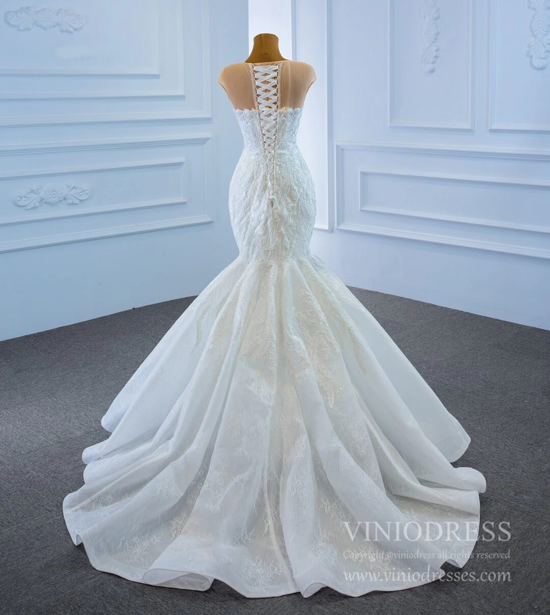 Beaded Mermaid Lace Wedding Dresses Cap Sleeve Fit and Flare Dress 67213-wedding dresses 2025 -Viniodress-Ivory-Custom Size-