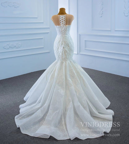 Beaded Mermaid Lace Wedding Dresses Cap Sleeve Fit and Flare Dress 67213-wedding dresses 2025 -Viniodress-Ivory-Custom Size-