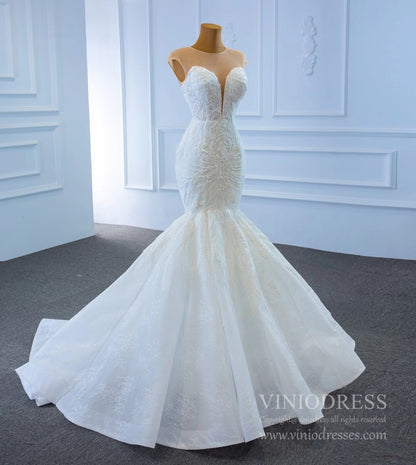 Beaded Mermaid Lace Wedding Dresses Cap Sleeve Fit and Flare Dress 67213-wedding dresses 2025 -Viniodress-Ivory-Custom Size-