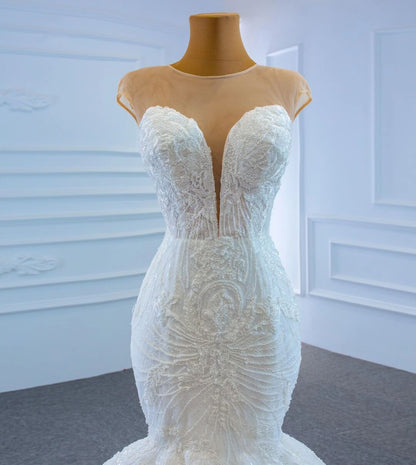 Beaded Mermaid Lace Wedding Dresses Cap Sleeve Fit and Flare Dress 67213-wedding dresses 2025 -Viniodress-Ivory-Custom Size-