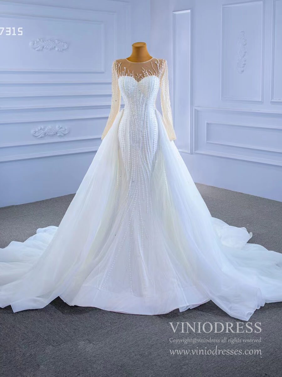 Beaded Mermaid Overskirt Wedding Dresses with Long Sleeves 67315-wedding dresses 2025 -Viniodress-As Picture-Custom Size-