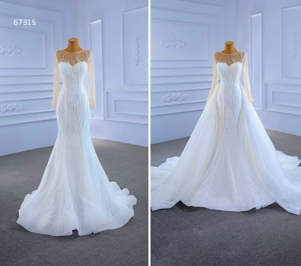 Beaded Mermaid Overskirt Wedding Dresses with Long Sleeves 67315-wedding dresses 2025 -Viniodress-As Picture-Custom Size-