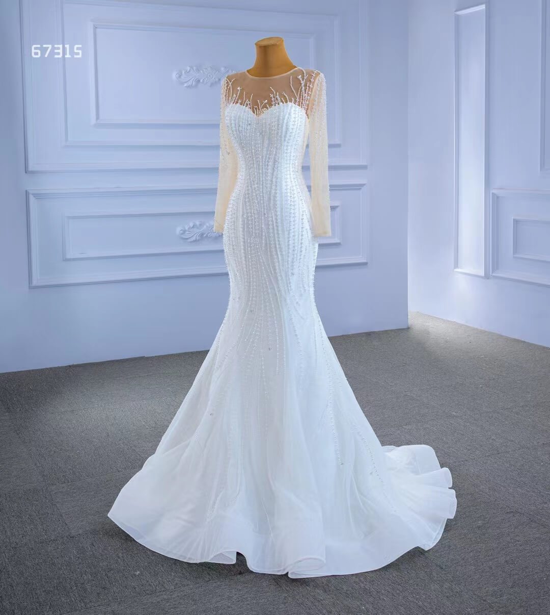 Beaded Mermaid Overskirt Wedding Dresses with Long Sleeves 67315-wedding dresses-Viniodress-Viniodress