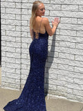 Beaded Navy Blue Prom Dress with Slit Spaghetti Strap V-neck Evening Dress FD2737-prom dresses-Viniodress-Viniodress