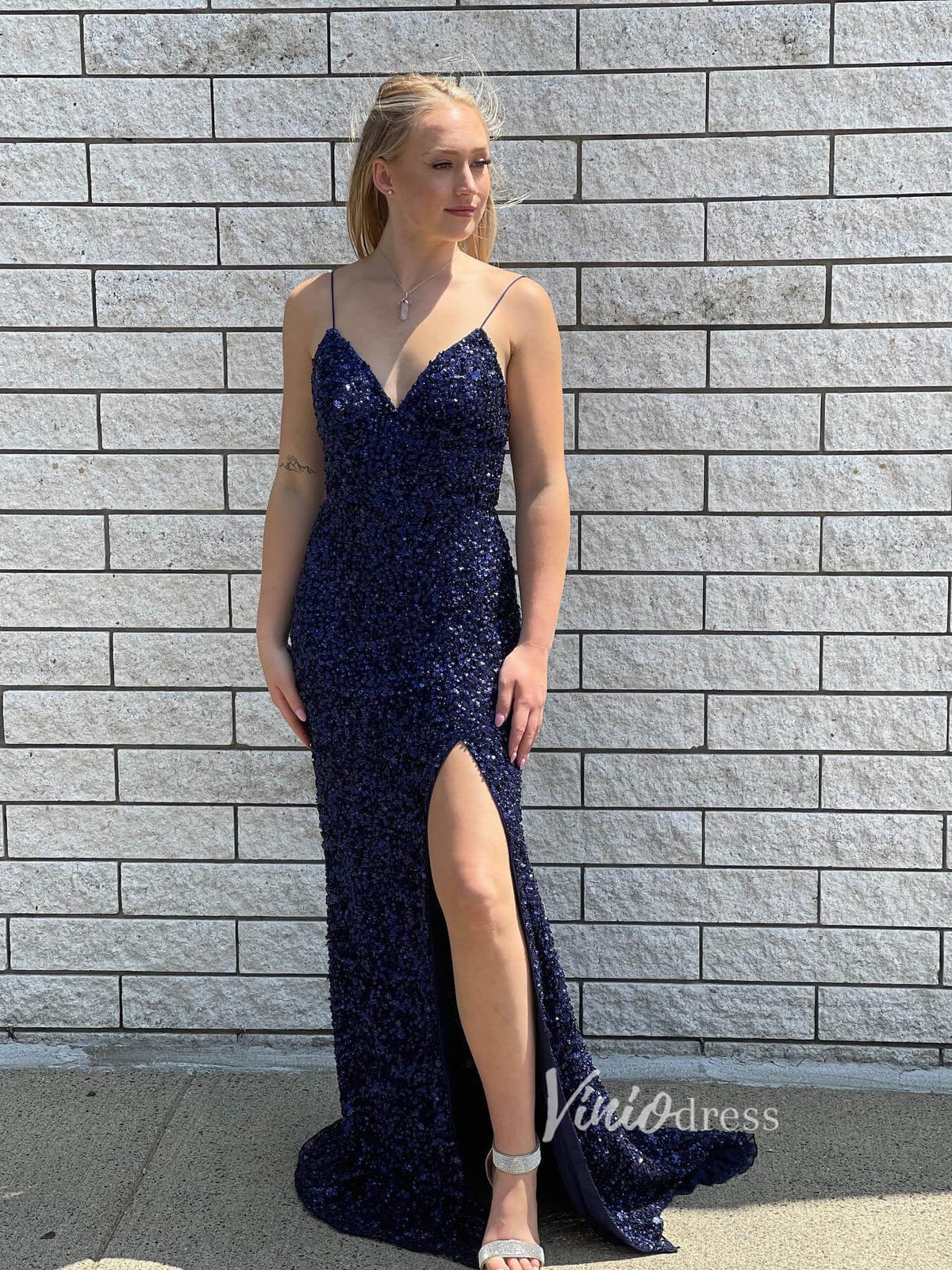 Beaded Navy Blue Prom Dress with Slit Spaghetti Strap V-neck Evening Dress FD2737-prom dresses-Viniodress-Navy Blue-Custom Size-Viniodress