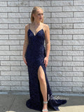 Beaded Navy Blue Prom Dress with Slit Spaghetti Strap V-neck Evening Dress FD2737